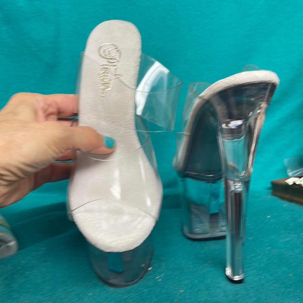 NWOT 7” Pleaser Clear Strap Stiletto Platform Heels, Black, size 6